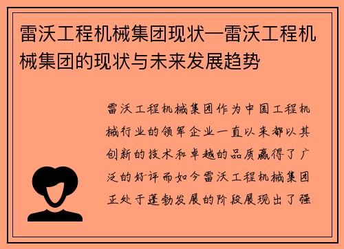 雷沃工程机械集团现状—雷沃工程机械集团的现状与未来发展趋势
